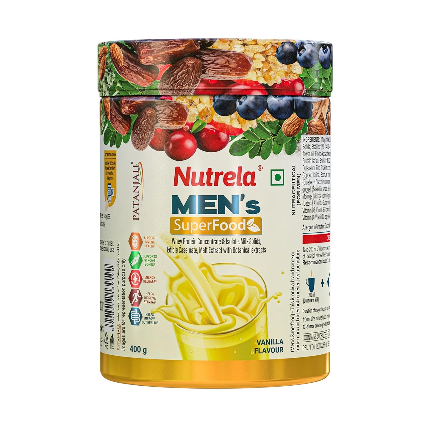 Nutrela Men Superfoods With Whey Protein Powder - 400g, Vanilla Flavor | Everyday Fitness with Biofermented Multivitamins & Whey Protein to support in Bone & Joints Health , Muscle , Heart , Hair & Nails , Ednergy Booster and Mood Stabilizer