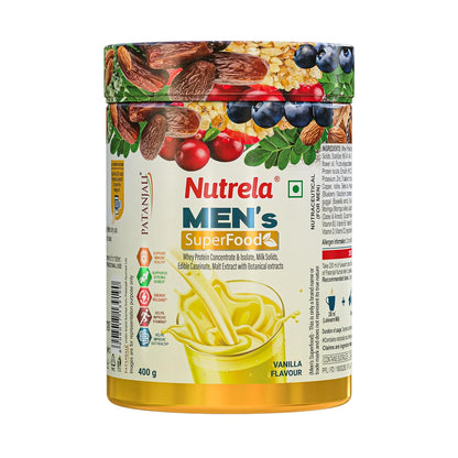 Nutrela Men Superfoods With Whey Protein Powder - 400g, Vanilla Flavor | Everyday Fitness with Biofermented Multivitamins & Whey Protein to support in Bone & Joints Health , Muscle , Heart , Hair & Nails , Ednergy Booster and Mood Stabilizer