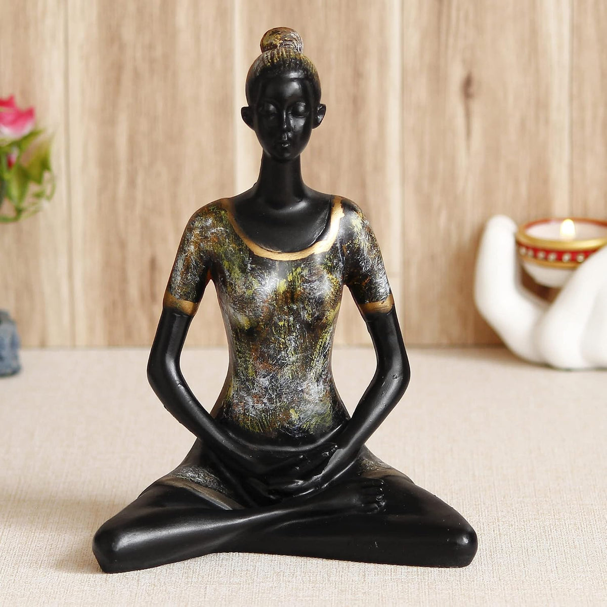 Grey Black Resin Woman in Padmasana Lotus Pose | Yoga Woman Statue Showpiece for Home Decor Living Room Bedroom Office Yoga Studio | Womens Day Gift for Ladies | Birthday Gift for Women