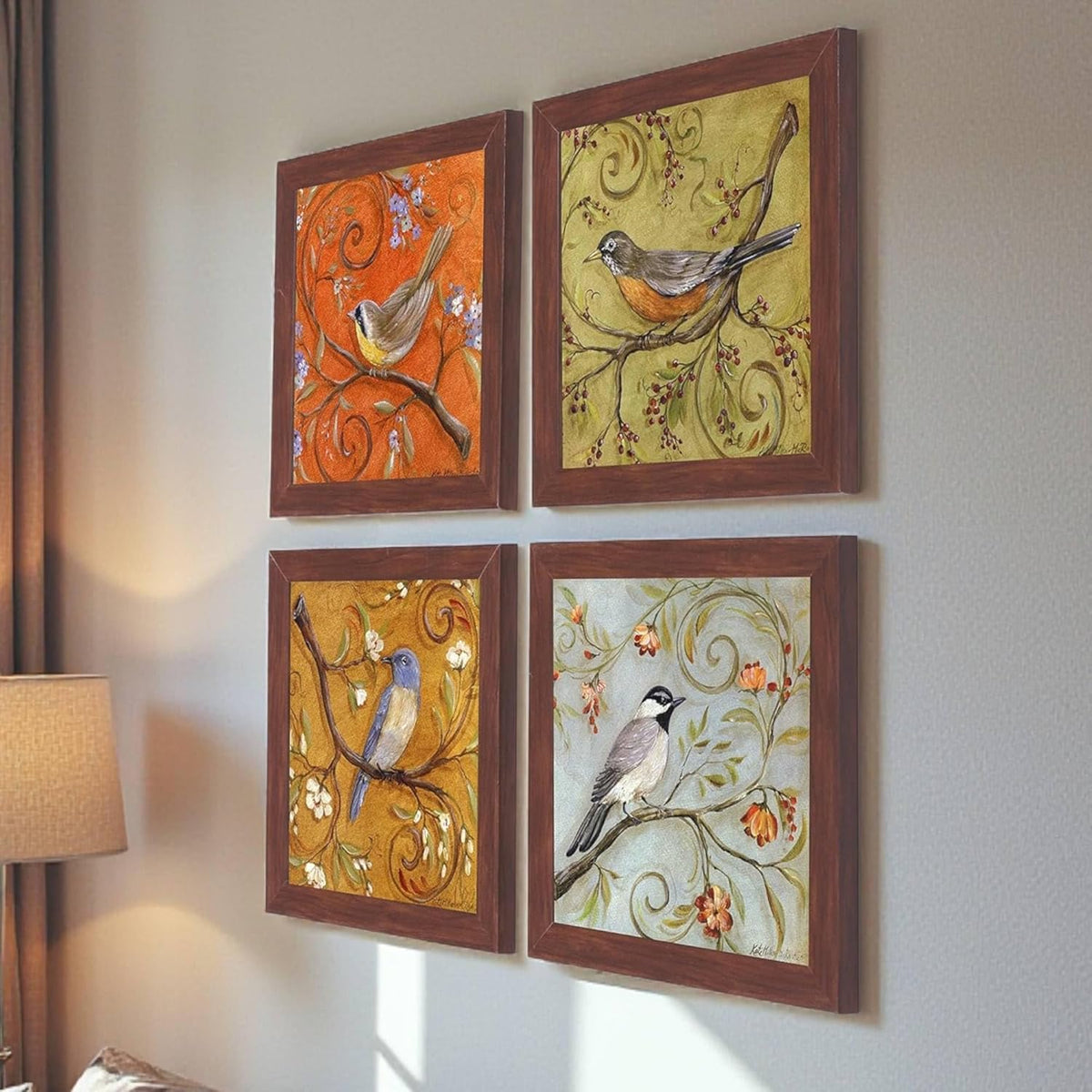 Multicolor Birds Wall Art Painting for living room, birds floral Framed painting, set of 4, 9x9 Inch