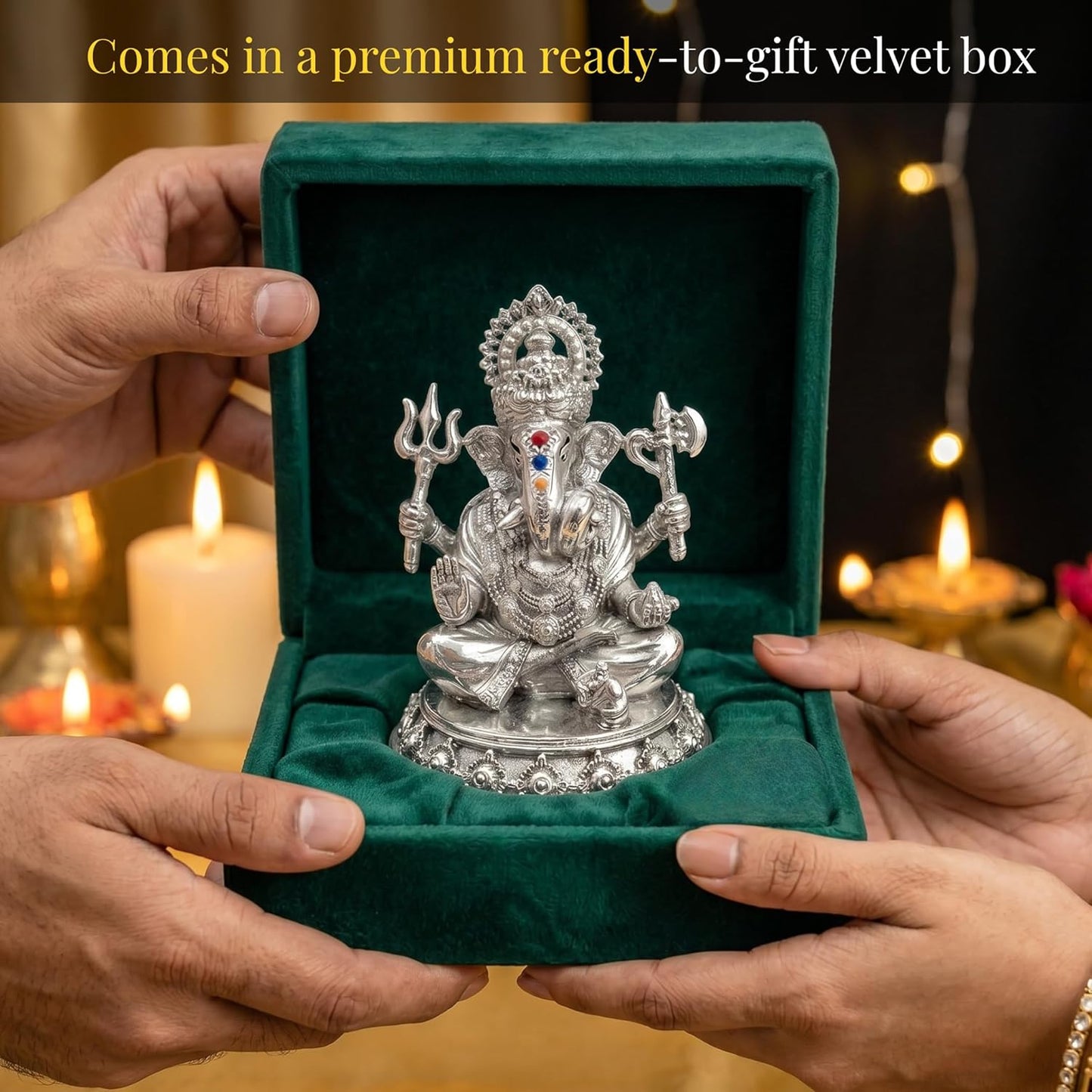 Dev Aastha Silver Plated Ganesh Idol 3 Inch with Gift Box | Ganpati Murti for Home Decor, Puja Room, Office Desk & Car Dashboard | Spiritual Housewarming Gift Showpiece