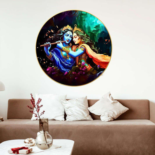 Radha Krishna Wall Painting for Wall Decoration with Frame Sparkle Glossy Round Golden Framed Large Painting Office, Living Room, Bedroom, Home Decoration (60x60 Cm CH-RKR14)