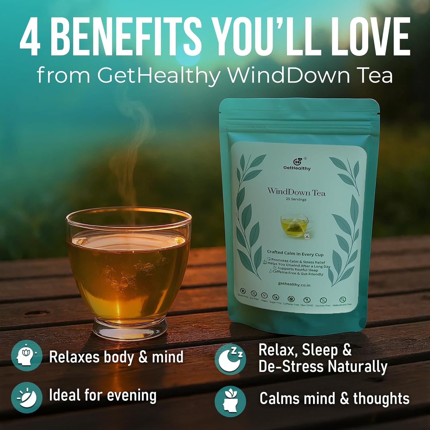 GetHealthy WindDown Tea package with a steaming glass of tea on a wooden surface