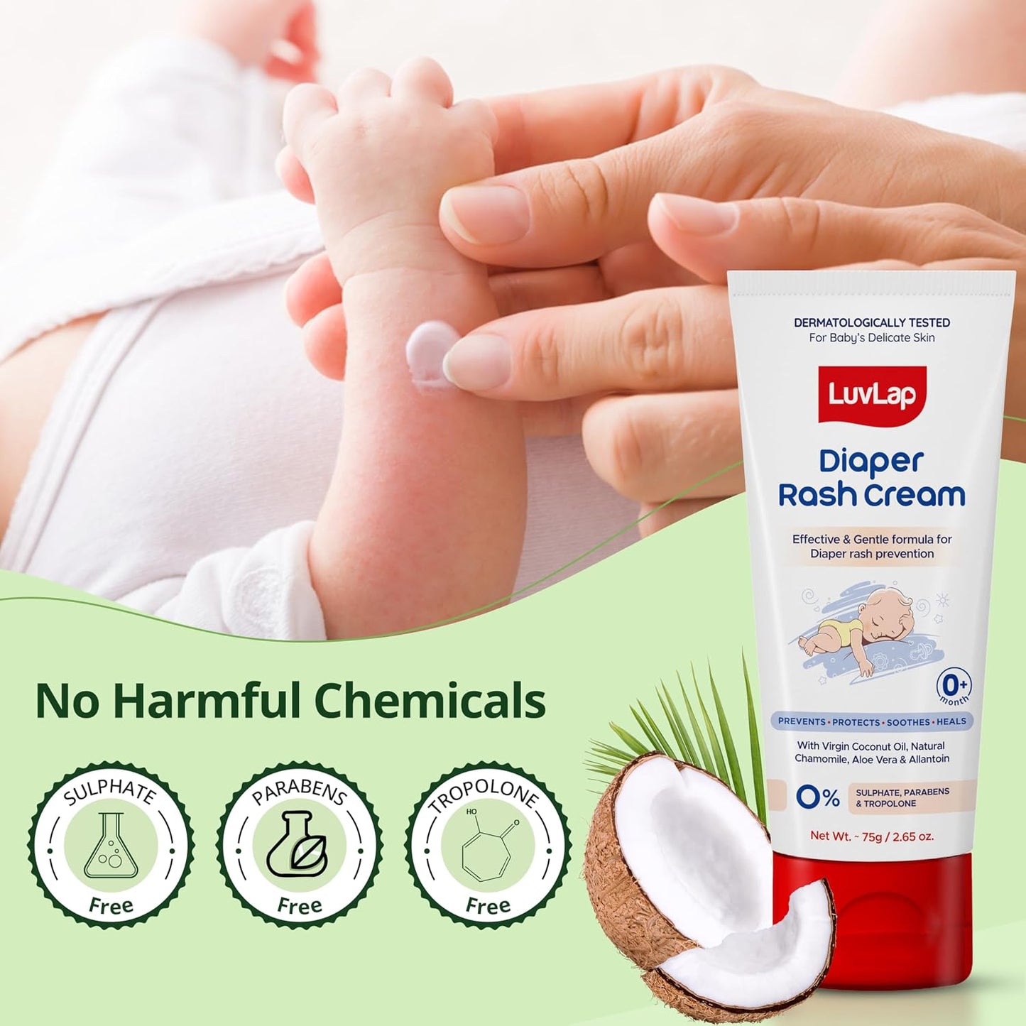 LuvLap Baby Diaper Rash Cream, 75g, Nappy Cream with Aloe Vera, Neem Extract & Provitamin B5, Soothes, Heals & Protects from Irritation, ideal for Newborn Sensitive Skin, Dermatologically Tested
