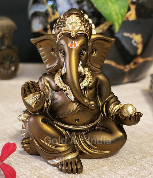 Gold Art India Gaddi Ganesh Idol for Car Dashboard (3.5") Small Ganesha Murti Ganpati Idol for Home Decor Puja Lord Ganesh Statue Gift for Office Desk Puja Room Brown Color with Gold Plating, Idol