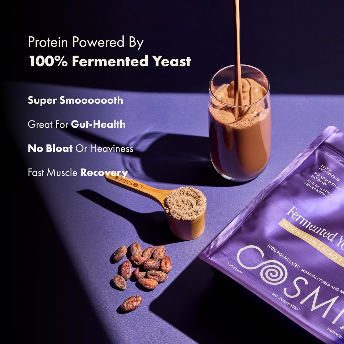 Cosmix Fermented Yeast Protein Powder | 24g Protein | Pure Single-Source Plant Protein | Made In-House | Smooth, Crazy tasty & Gut-Friendly | Indonesian Cacao, 500g Pouch