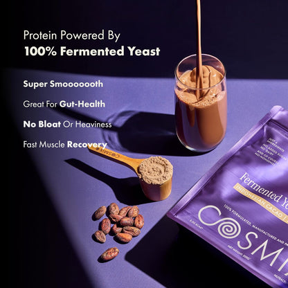 Cosmix Fermented Yeast Protein Powder | 24g Protein | Pure Single-Source Plant Protein | Made In-House | Smooth, Crazy tasty & Gut-Friendly | Indonesian Cacao, 500g Pouch