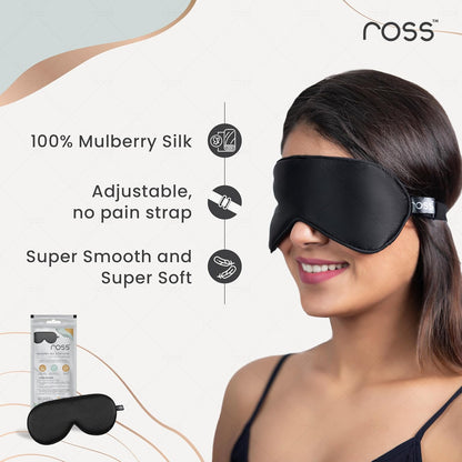 Ross 100% Mulberry Silk Sleep Mask – Luxuriously Soft, Smooth & Breathable Eye Mask for Ultimate Comfort, Deeper Sleep & Complete Darkness – Perfect for Travel, Meditation & Relaxation (Black)