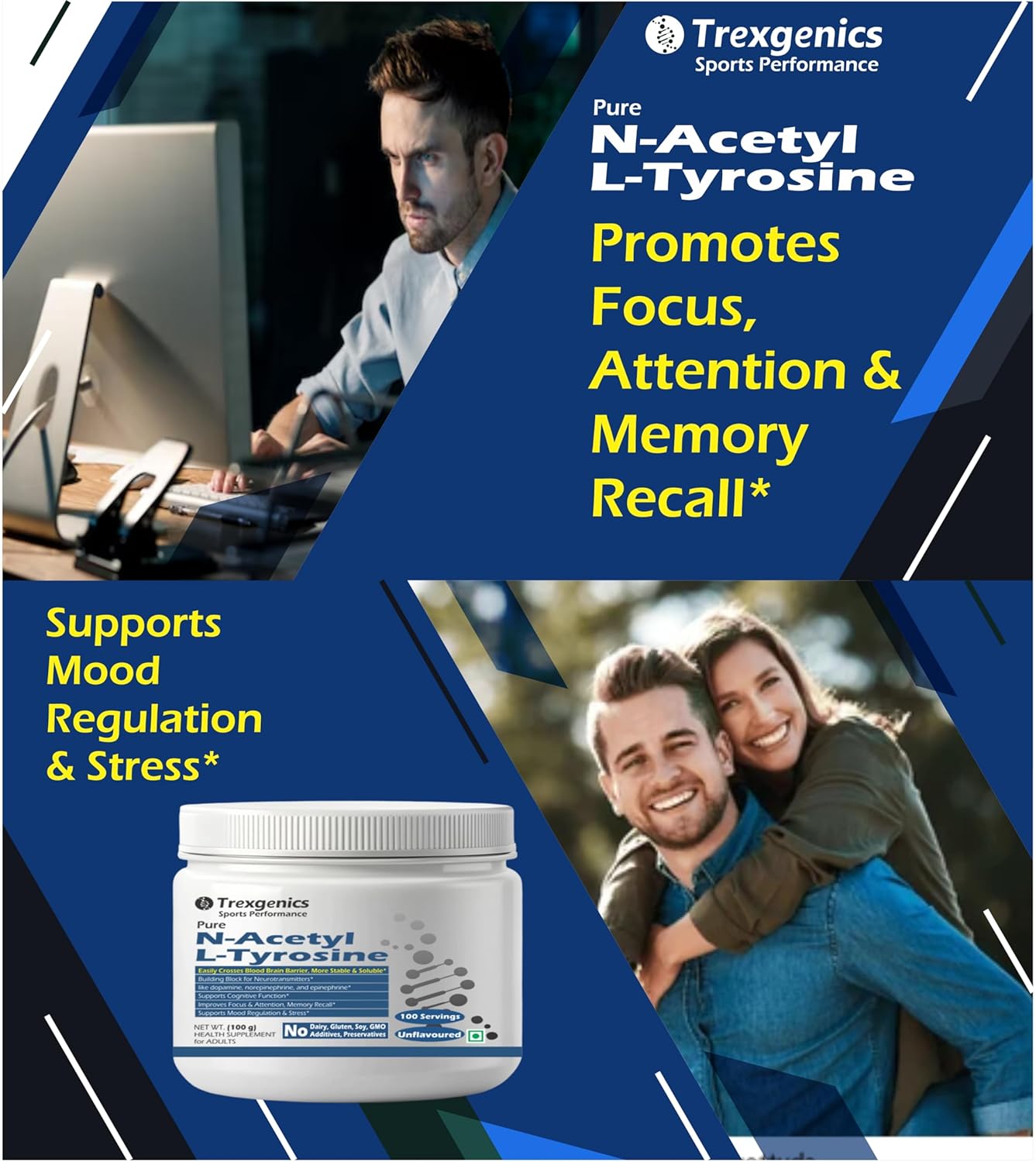 Trexgenics N-ACETYL L-TYROSINE PURE POWDER Crosses Blood Brain Barrier Neurotransmitter production, Cognitive Function, Focus, Attention, Memory, Stress Support (100 grams)