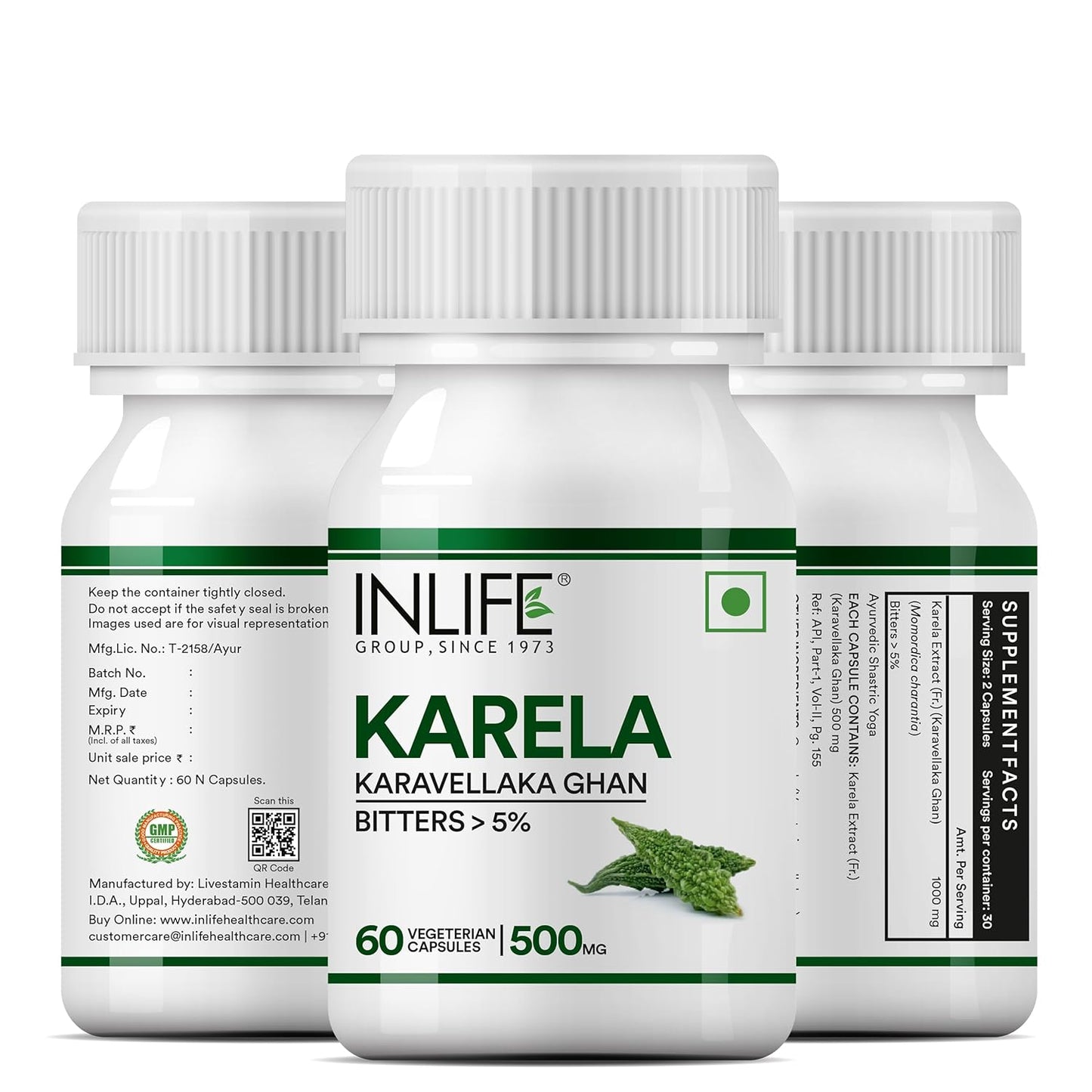 INLIFE Karela Capsules 500mg | Extract - Ayurvedic Herbal Supplement for Sugar Management - 60 Vegetarian Capsules (Pack of 1)