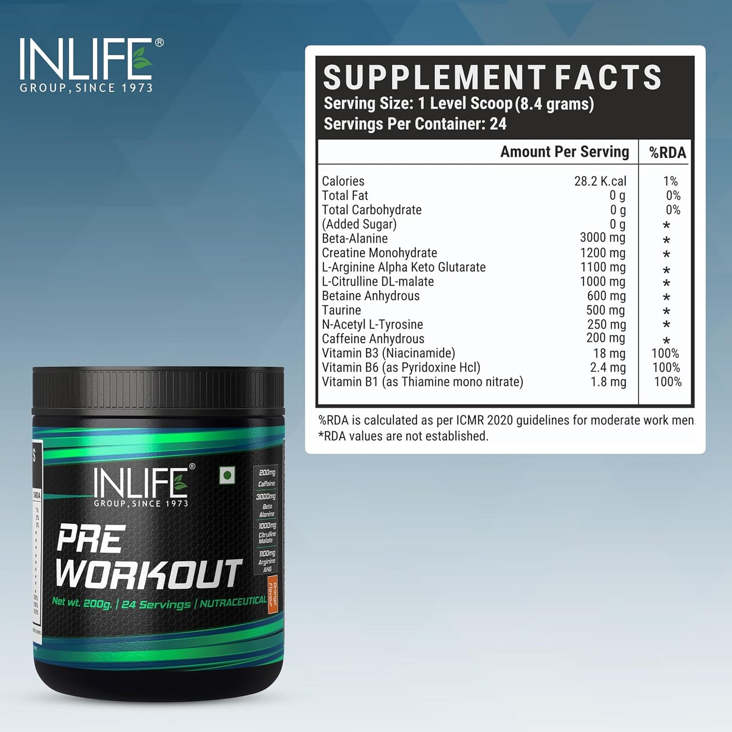 INLIFE Pre-Workout Supplement 200mg Caffeine,1000mg Citrulline,1100mg Arginine AAKG,3000mg B-Alanine,Creatine,Taurine, Betaine Anhydrous Pre Workout Formula Men & Women 200g, 24 Servings (Orange)