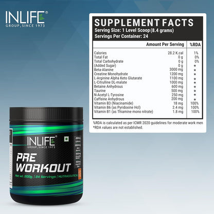 INLIFE Pre-Workout Supplement 200mg Caffeine,1000mg Citrulline,1100mg Arginine AAKG,3000mg B-Alanine,Creatine,Taurine, Betaine Anhydrous Pre Workout Formula Men & Women 200g, 24 Servings (Orange)