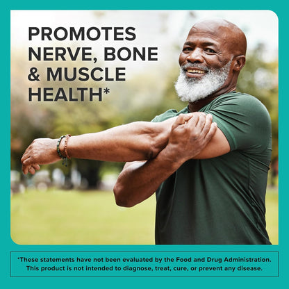 Man stretching outdoors with text promoting nerve, bone, and muscle health.