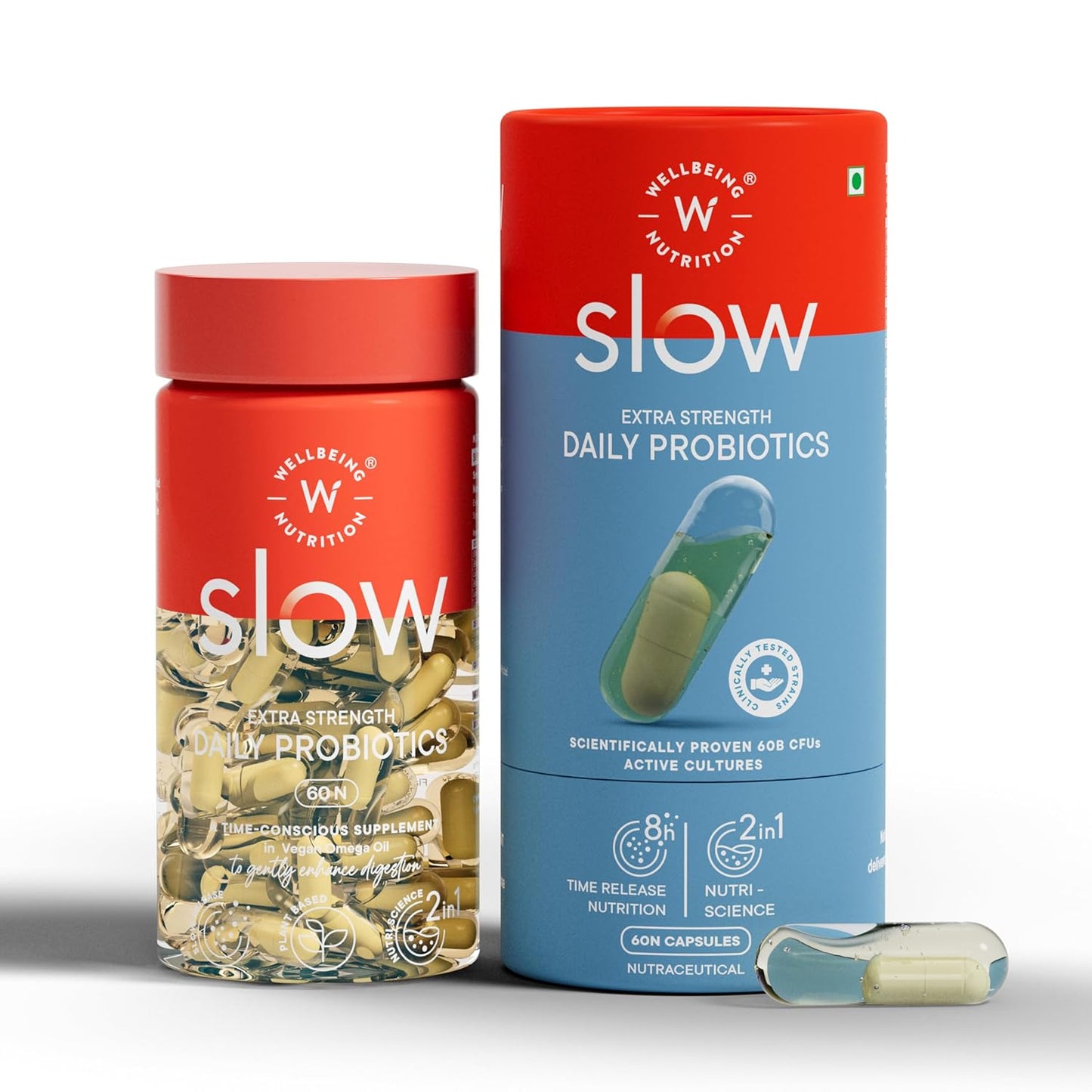 Wellbeing Nutrition Advanced Daily Probiotics + Omega 3 | Clinically Proven 60 Billion CFU, 14 Unique Strains | For Bloating, Indigestion, IBS, Immunity, & Clear Skin | 60 Enteric-Coated Veg Caps