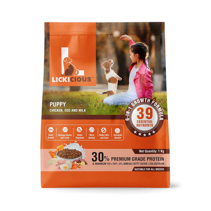 LICKICIOUS Dry Dog Food Puppy 1kg | High Protein Chicken, Rice, Egg, Milk | 39 Essential Nutrients | Healthy Skin Shiny Coat, Strong Bone & Muscles | Complete Balanced Pure Pet Food for Pedigree Dogs