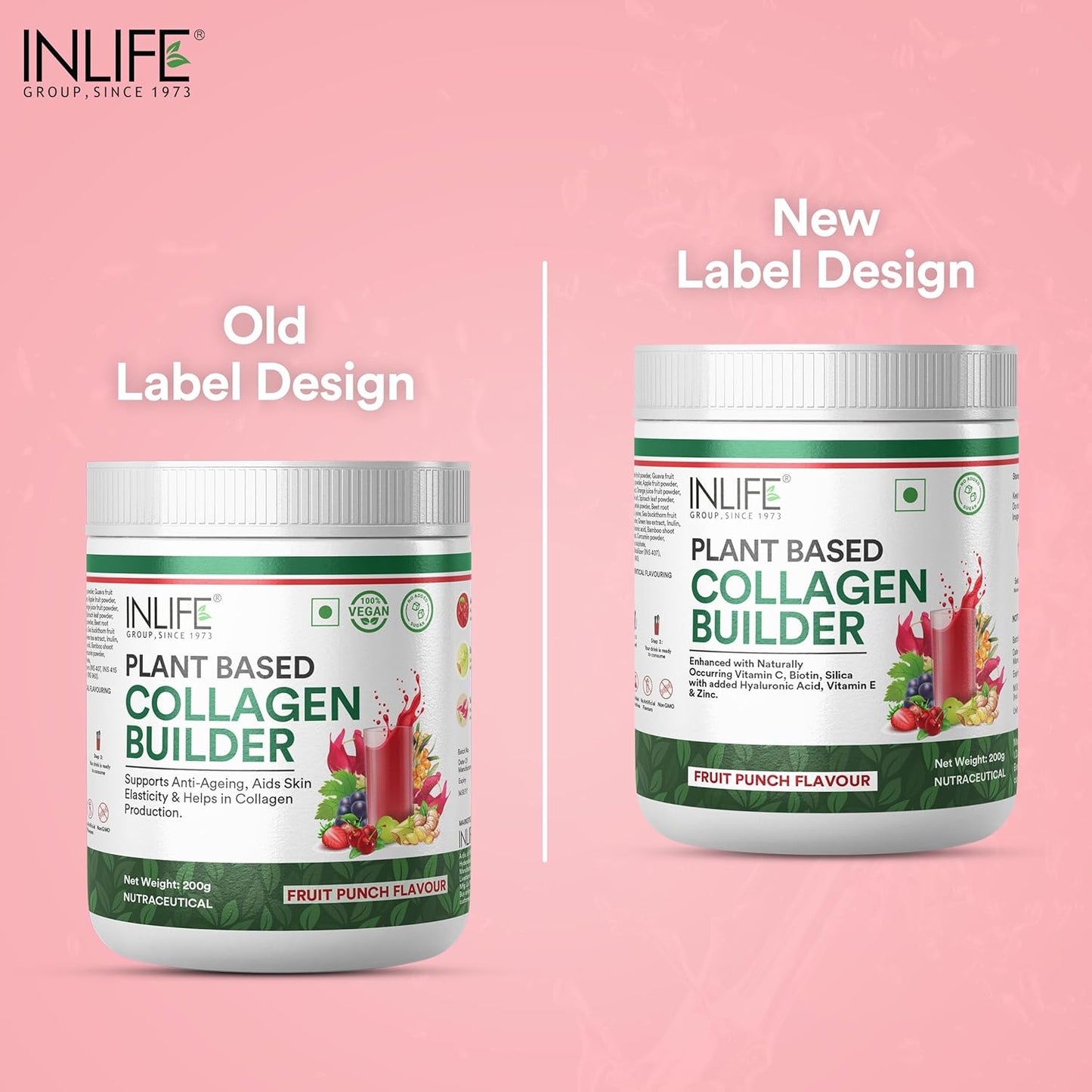INLIFE Collagen Builder Supplements For Women and Men | Plant Based Collagen Powder for Skin & Hair with Biotin from Sesbania, Vitamin C, Silica, Hyaluronic Acid, Vitamin E, 200g (Fruit Punch)