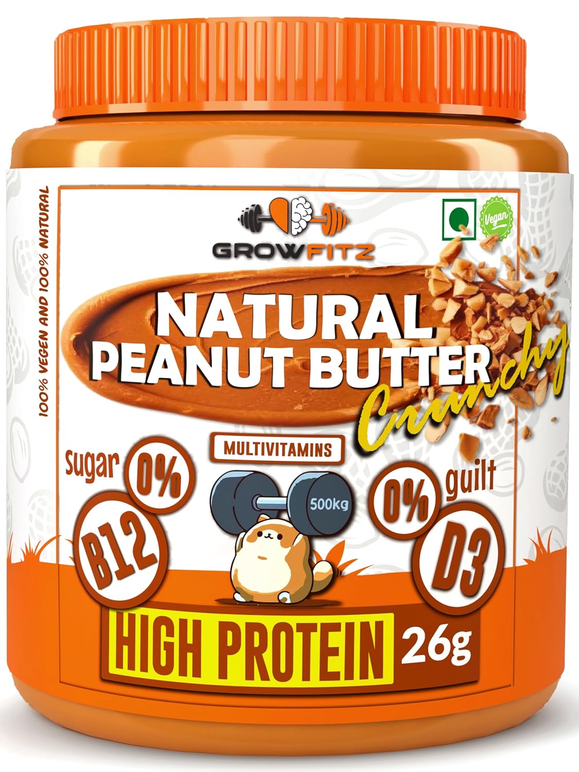 Growfitz Natural Peanut Butter Crunchy 26g, 800 Gram, Pack of 1 | Unsweetened | High Protein | Nut Butter Spread-Workout Snacks | No Sugar, Cholesterol Free, Multi-Vitamins & Boost Muscles (Crunchy)
