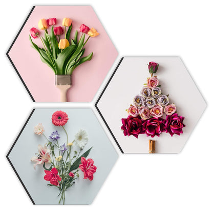paintings Preety Flower and Leaf in Cone Pot 3 Pieces UV Textured Multi-Effect Self adheshive Painting 17 Inch X 17 Inch SANFHX31155