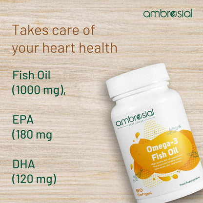Ambrosial Omega-3 Fish Oil bottle on a wooden surface with text highlighting heart health benefits.