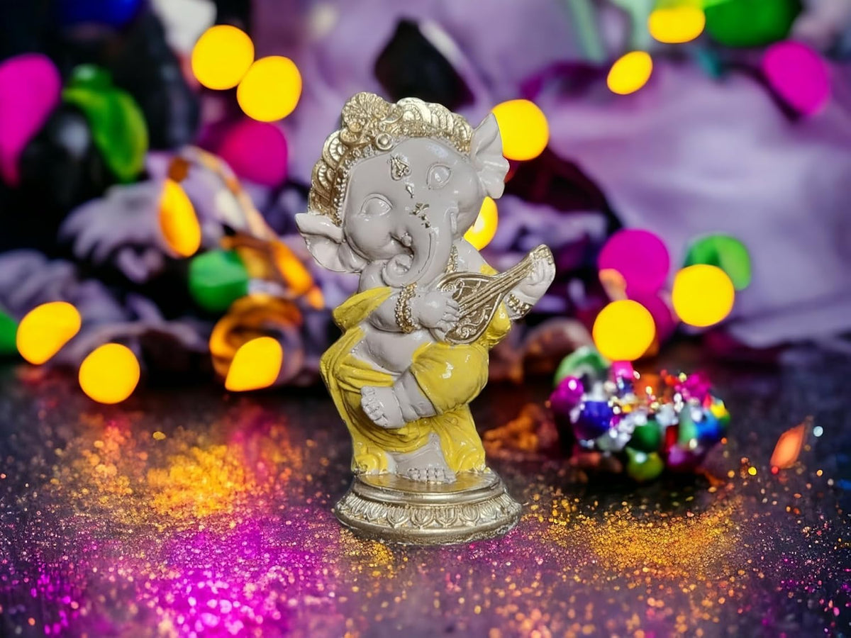 5 Inch Resin Ganesha Idol for Home Decor | Beautiful Ganesh Murti for House Temple, Mandir, Gift Items | Ganpati Playing Guitar Figurine Showpiece Sculpture for Office Desk