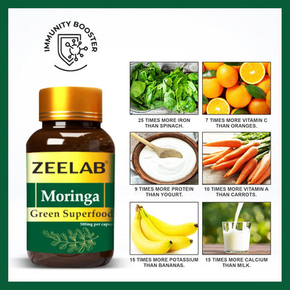 Zeelab Moringa supplement bottle with health benefits displayed on a white background