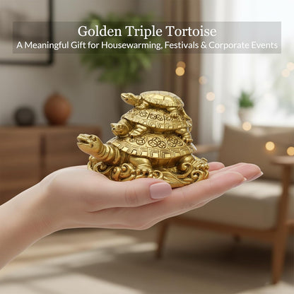 Triple Tortoise Turtle Family | Golden Feng Shui Tortoise for Good Luck | Metal Turtle Vastu Showpiece for Wealth, Health & Prosperity | Lucky Turtle Gift Item for Home & Office Decor