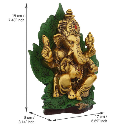 Golden Sitting Lord Ganesha on Green Throne Metal Decorative Showpiece, Green, Golden and Brown, one Size (AGG559)