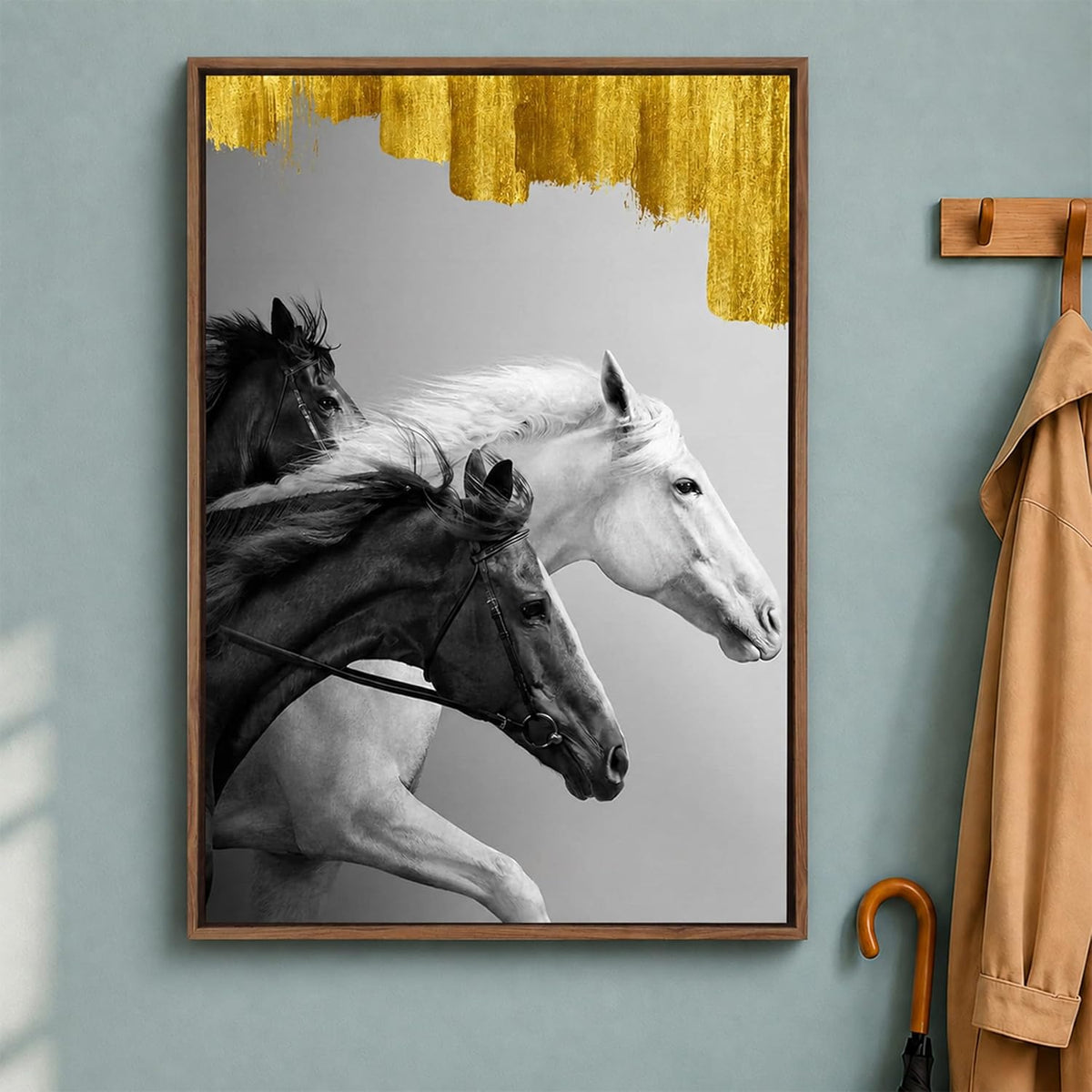 Running Horse Canvas Wall Art Painting With Frame For Living Room Black & White Running Horse Vastu Inspired Framed Wall Art Painting For Home, Office, Size 17x23 Inch