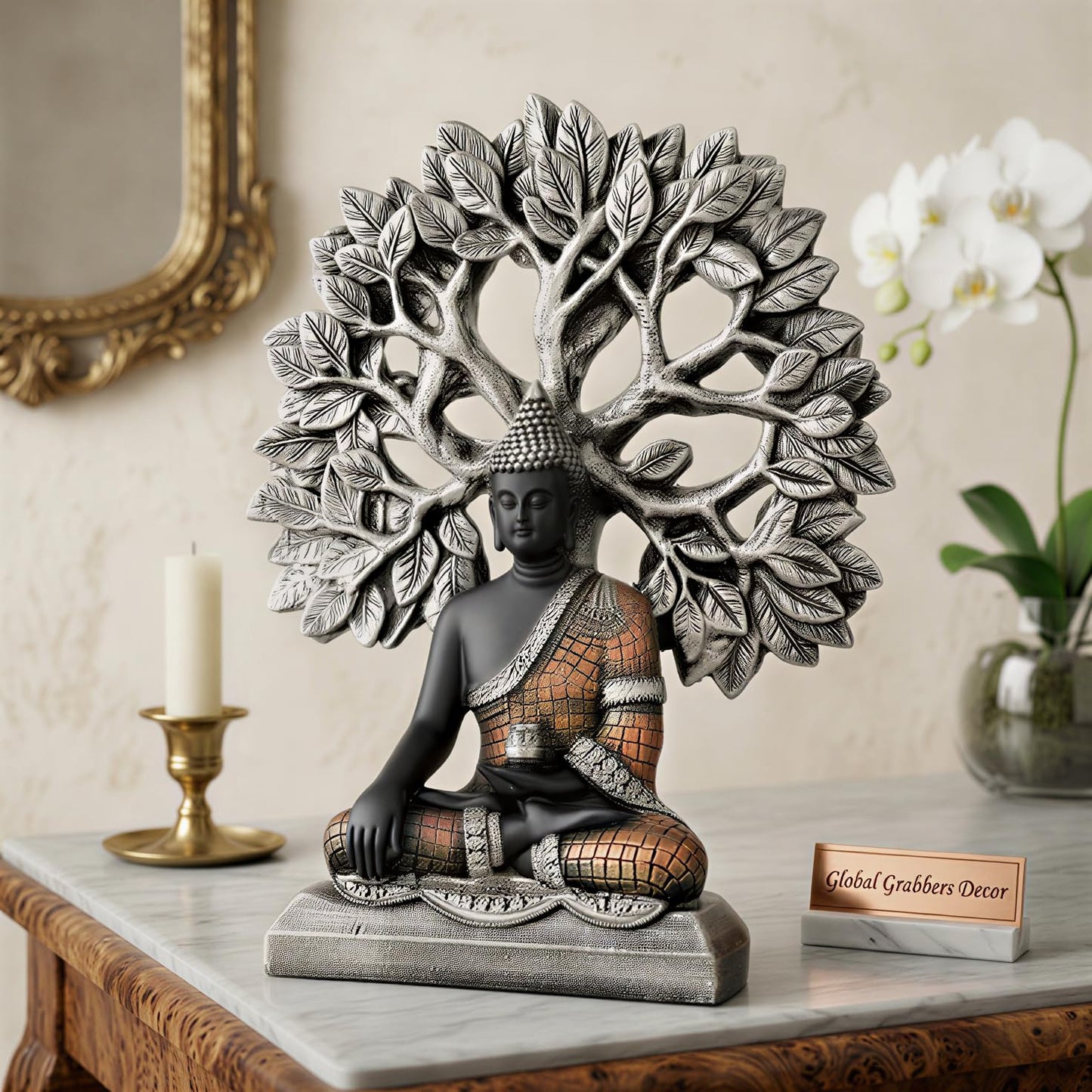 Global Grabbers Buddha Statue Showpiece Idol Home Decor Decoration Items for Living Room and Gifts (Silver Black Copper)