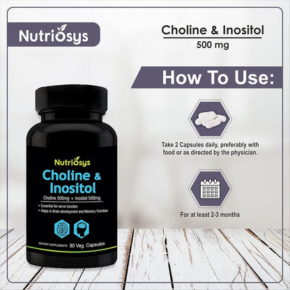 Nutriosys Choline & Inositol 500mg | Brain & Nerve Function | Better Motor Signal | Liver & Heart Health | Lab Tested | 90 Veg Capsules