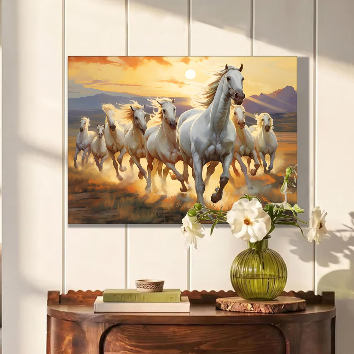 7 White Running Horses Wall Art Painting For Living Room, Abstract Vastu Seven Horses Painting For Wall, Stretched Canvas Decoration item for bedroom, 16x22 Inch