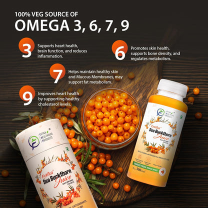 Sea buckthorn juice bottles with berries on a wooden background, highlighting health benefits.