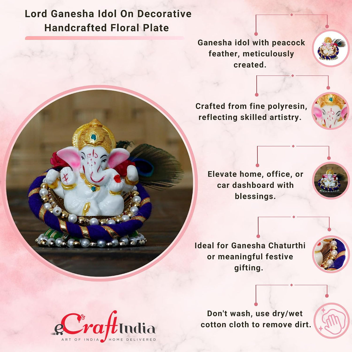 Resin Lord Ganesha Idol On Peacock Feather Decorative Plate| Ganesha Idol for Home Decor Car Dashboard| Ganesha Statue| Ganpati Murti Gift for Diwali Ganesh Chaturthi Housewarming Birthday