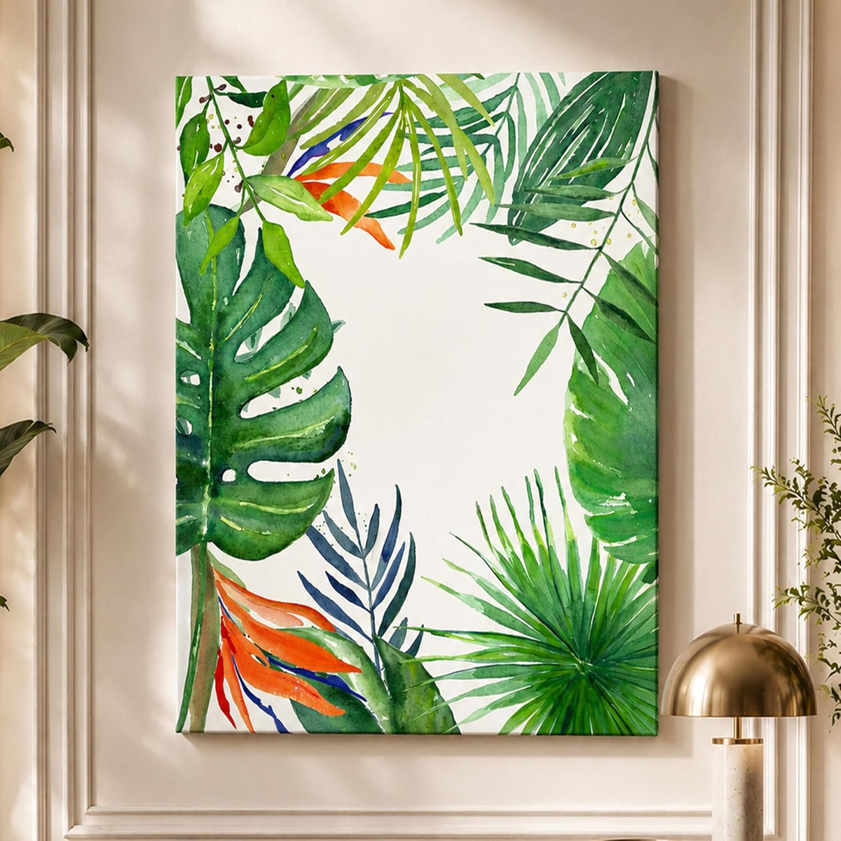 Tropical Green Leaves Framed Canvas Wall Art Painting for wall decoration | Botanical Leaf Nature Inspired Painting for Living Room, Bedroom and Office, 22x34 Inch
