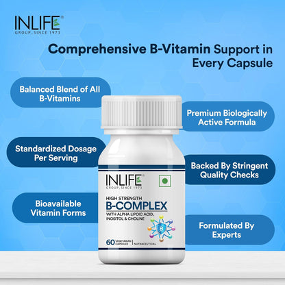 INLIFE B Complex Supplements B1, B2, B3, B5, B6, Biotin, with Vitamin B12, Folic Acid, Alpha Lipoic Acid, Inositol & Choline | For Energy & Metabolism | For Men Women - 60 Vegetarian Capsules