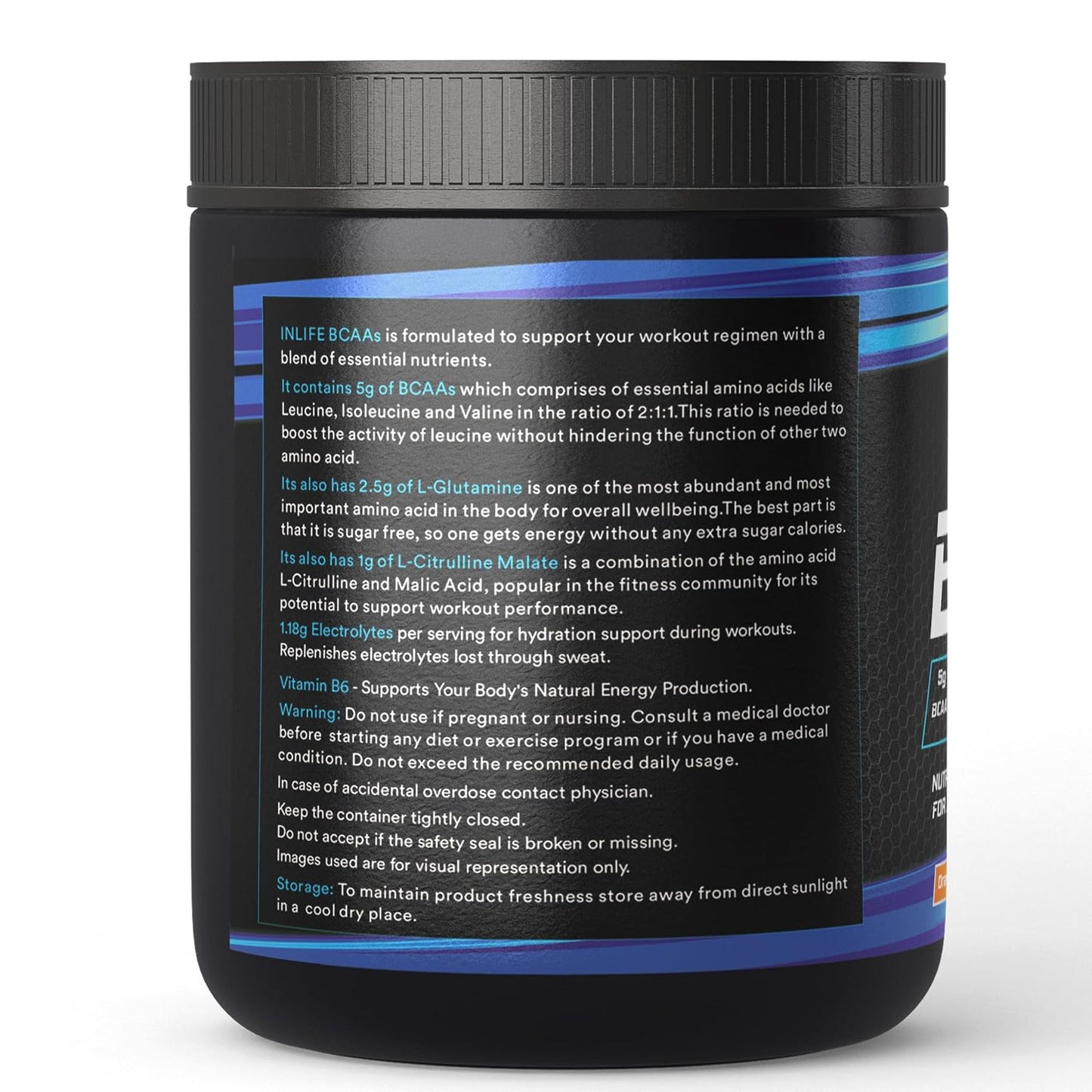 INLIFE BCAA Supplement 7g Amino Acids Instantized for Pre Post & Intra Energy Drink for Workout, 2.5g L-Glutamine,1g Citrulline Malate, 1180mg Electrolytes Powder (Orange, 250g)