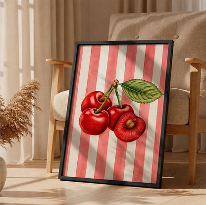 Cherry Wall Art Framed Painting for Home Decor, Red Fruit Botanical Illustration Wall Decor for Living Room Bedroom Office, Retro Aesthetic Room Decoration (DGN01-Black10x13 inch)