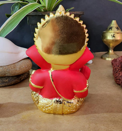 Gold Art India Ganesh Idol for Car Dashboard Ganesha Murti Ganpati Idol for Home Decor Puja Lord Ganesh Statue Gift for Office Desk Puja Room Figurine (Gold and Red, 3 x 3), Ceramic, Idol