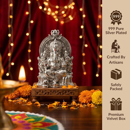 Dev Aastha Silver Plated Throne Ganesh Idol - 3.7 Inch Divine Seated Ganpati Statue on Royal Singhasan for Home Mandir and Office - Auspicious Vastu Decor and Spiritual Gift with Anti-Tarnish Finish