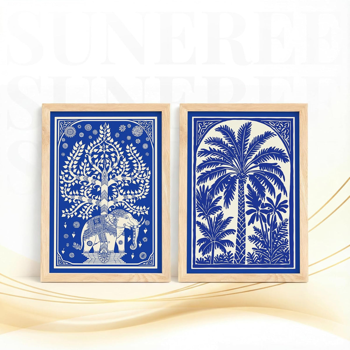 Blue White Elephant Tree of Life Wall Art Painting | Set of 2 Framed Paintings | Indian Folk Art Decor for Living Room Bedroom Home Office | (ART 10, 13x19 INCHES)
