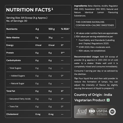 Nutrabay Gold Beta Alanine Supplement Powder 120g, Lemon Flavor – Pre Workout Amino Acid for Endurance & Fatigue Reduction