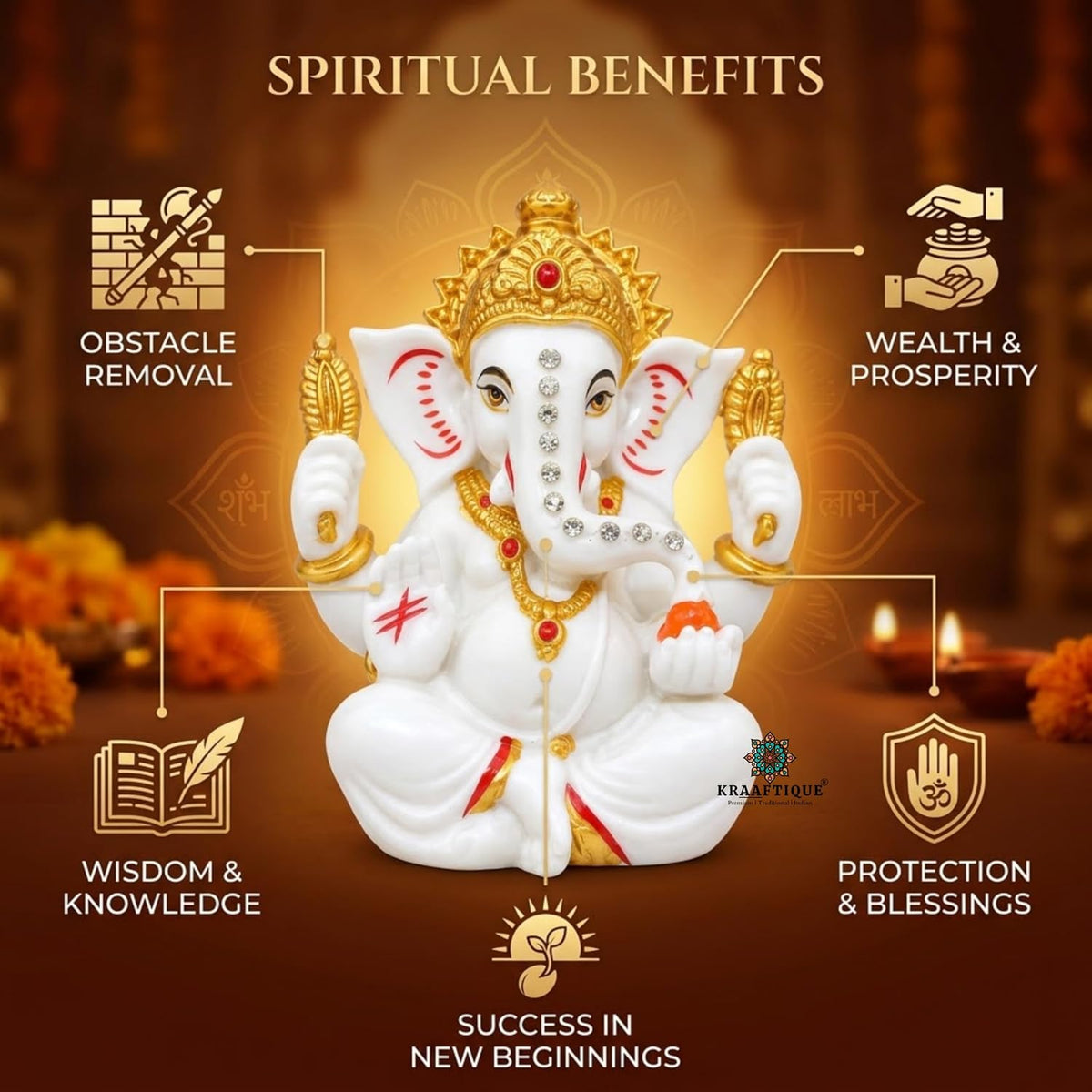 Maha Ganapati Idol White Marble Statue, Matte Finish Ganesh Murti for Puja, Mandir, Home Decor, Ganesh Chaturthi, Diwali, Festive Decoration & Religious Gifting