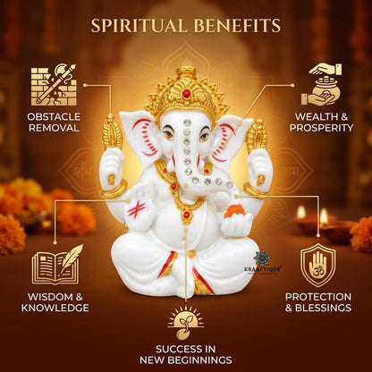 Maha Ganapati Idol White Marble Statue, Matte Finish Ganesh Murti for Puja, Mandir, Home Decor, Ganesh Chaturthi, Diwali, Festive Decoration & Religious Gifting