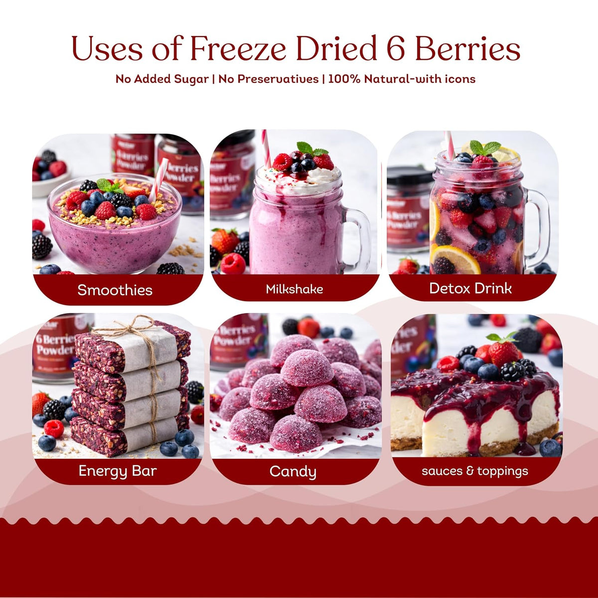 Nectar Superfoods Freeze Dried 6 Berry Powder | 60 grams Jar | 6 Serve | Blueberry, Mulberry, Raspberry, Strawberry, Cherry & Blackberry | No Added Sugar