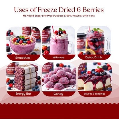 Nectar Superfoods Freeze Dried 6 Berry Powder | 60 grams Jar | 6 Serve | Blueberry, Mulberry, Raspberry, Strawberry, Cherry & Blackberry | No Added Sugar