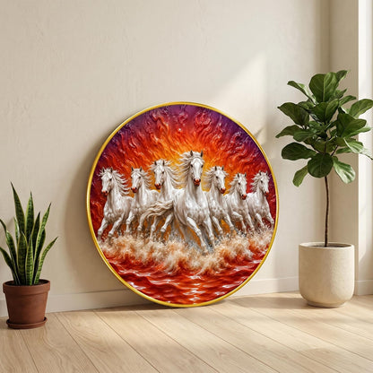7 Horse Vastu Round Wall Painting with Premium PVC Golden Frame, White Running Horses Fire Ocean Art for Living Room Office Home Decor Gift (20 x 20 Inch) GRL-440