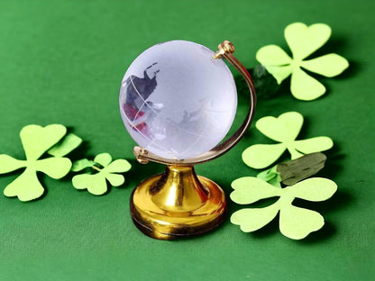 Feng Shui Crystal Globe Idol with Golden Stand | Vastu Glass Miniature Globe for Positive Energy, Success, Good Luck and Prosperity | Vastu Remedy, Study Table, Office (Export Quality)