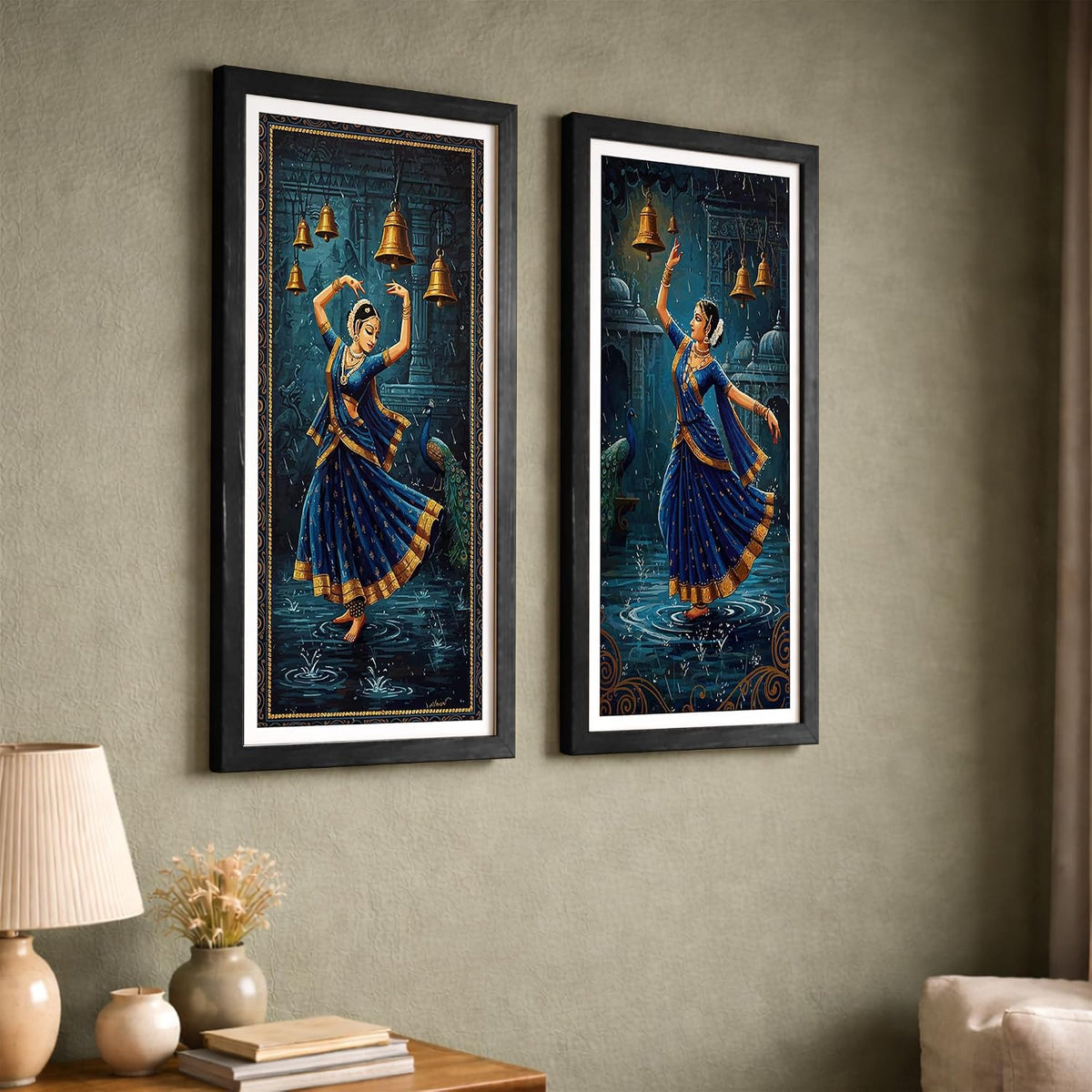 Classical Indian Dance Wall Art Set of 2 Frames Prints | Traditional Bharatanatyam Kathak Dance Framed Painting, Peacock & Temple Theme Artwork Frame| Premium Cultural Wall Decor for Living Room Bedroom Office Home (Art-6, 10x19inch, Wooden)