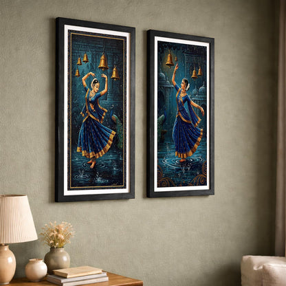 Classical Indian Dance Wall Art Set of 2 Frames Prints | Traditional Bharatanatyam Kathak Dance Framed Painting, Peacock & Temple Theme Artwork Frame| Premium Cultural Wall Decor for Living Room Bedroom Office Home (Art-6, 10x19inch, Wooden)
