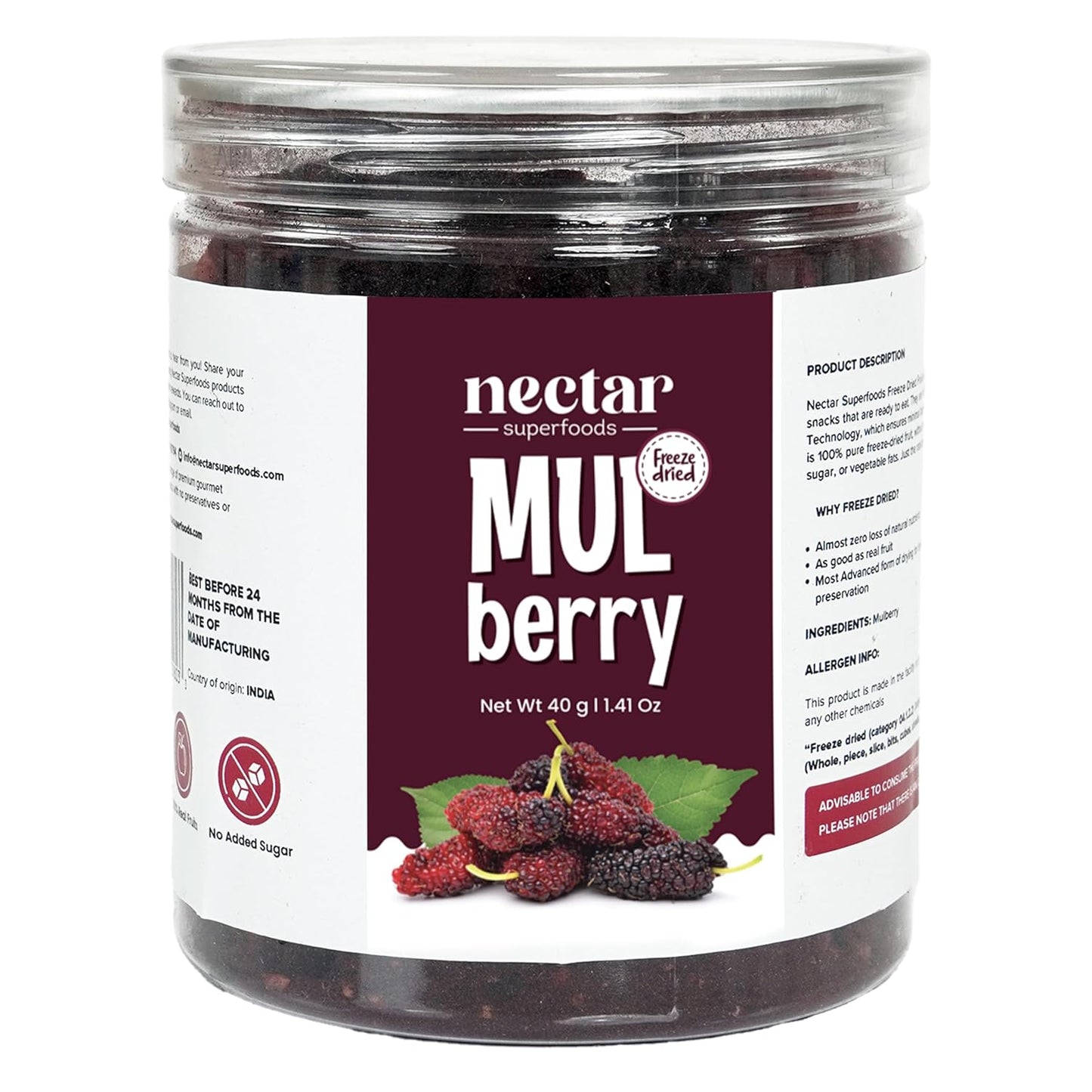 Nectar Superfoods Freeze Dried Mulberry - 40 grams Jar-Pack of 1 Nos | 100% Natural & Pure | No Preservatives, No Sugar Added, Vegan | Ideal for Cooking & Seasoning | Made in India